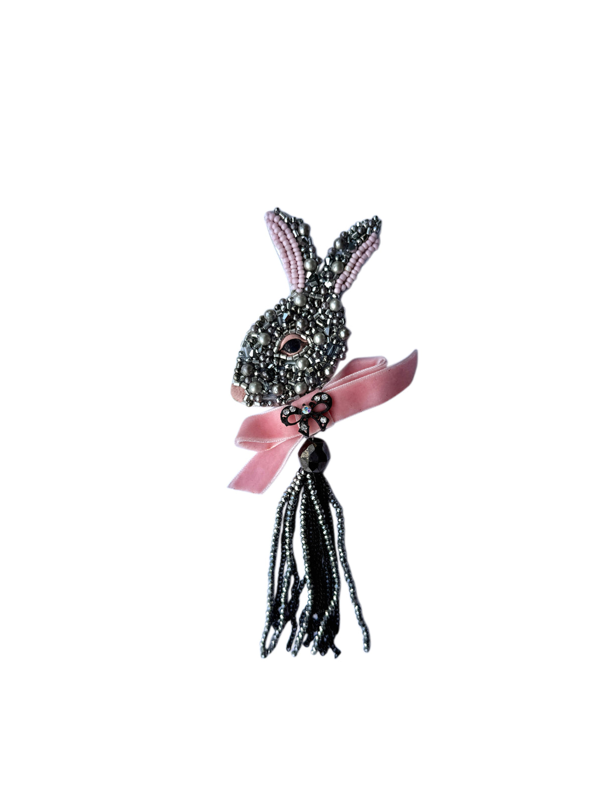 Beaded Bunny Brooch with Pink Velvet Bow & Tassel