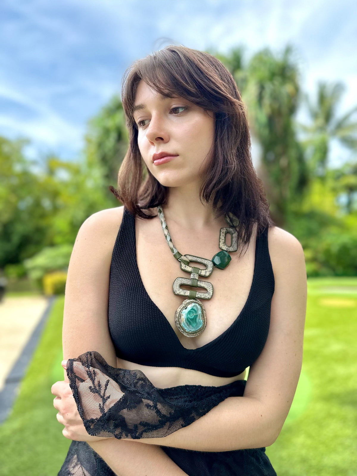 Green Agate and Leather Necklace