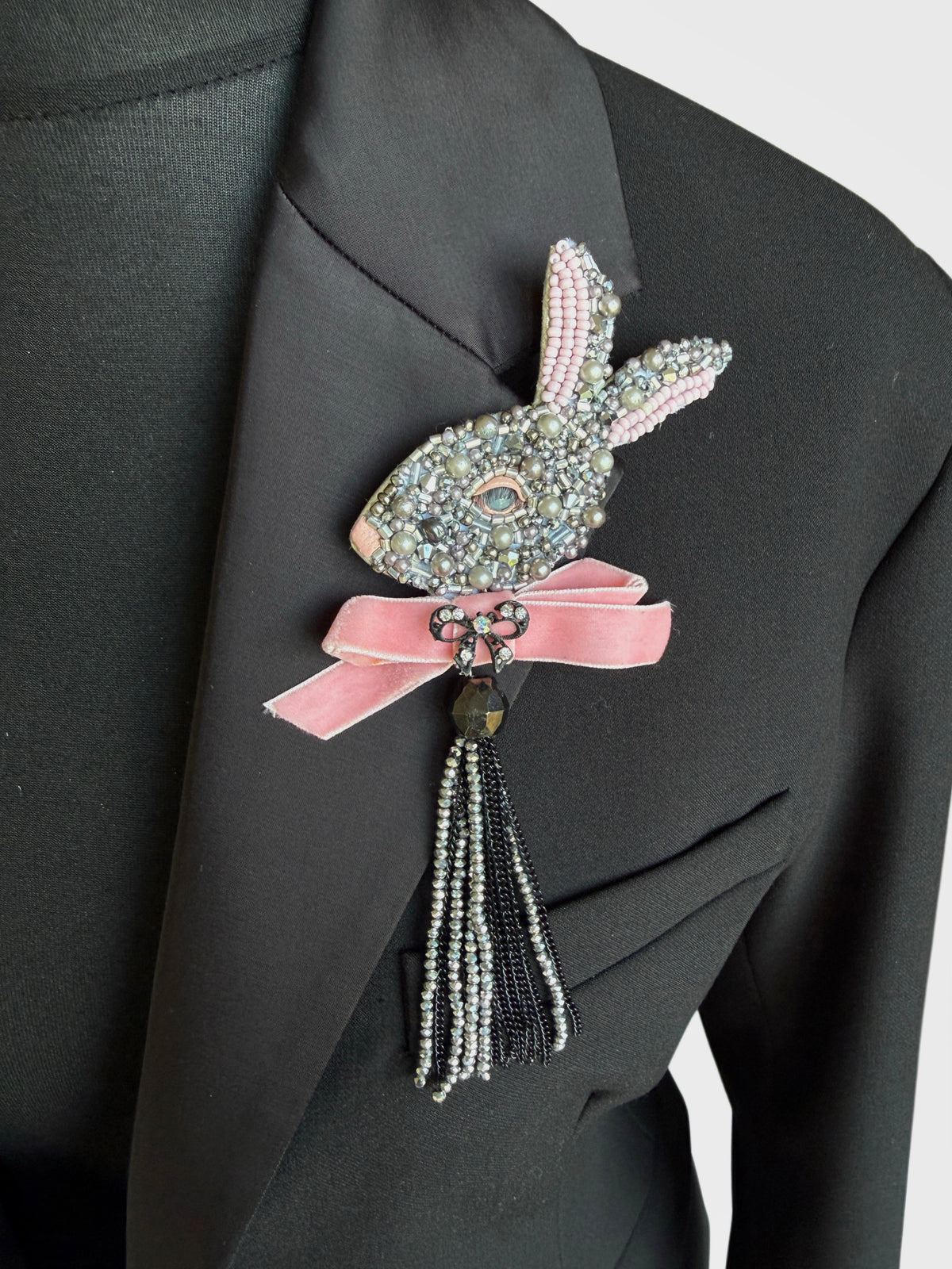 Beaded Bunny Brooch with Pink Velvet Bow & Tassel
