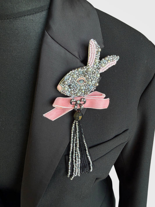 Beaded Bunny Brooch with Pink Velvet Bow & Tassel